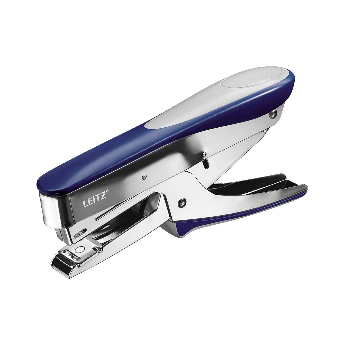 Blue and silver stapler, LEITZ brand, on a white background. Handle in blue and white.