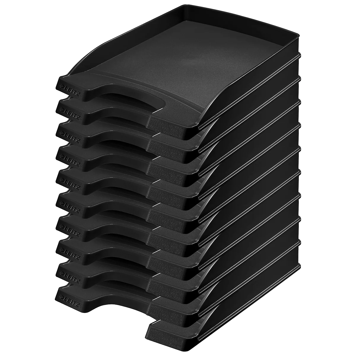 Stack of black document trays; each tray with a curved edge.