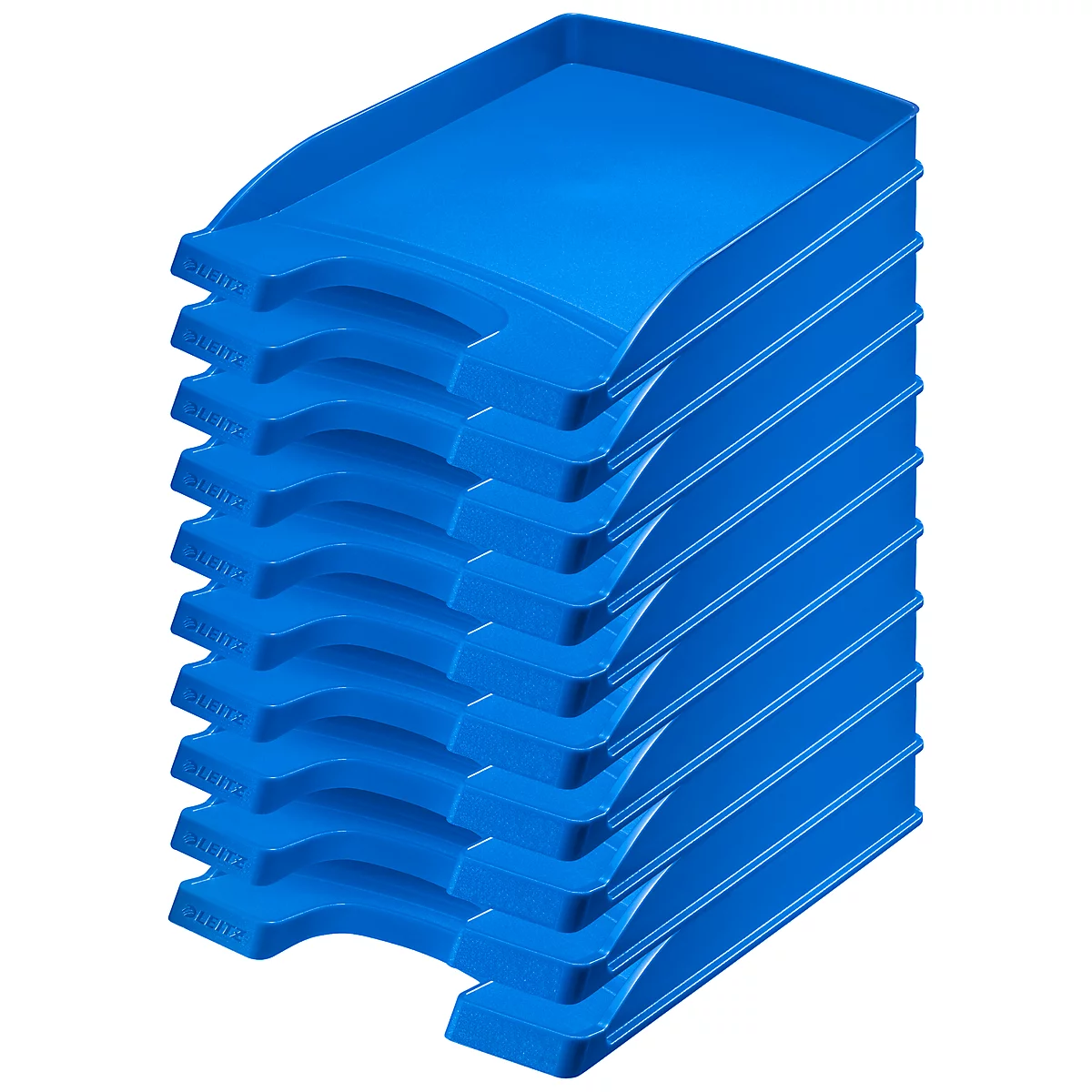 A stack of blue trays, slightly angled.