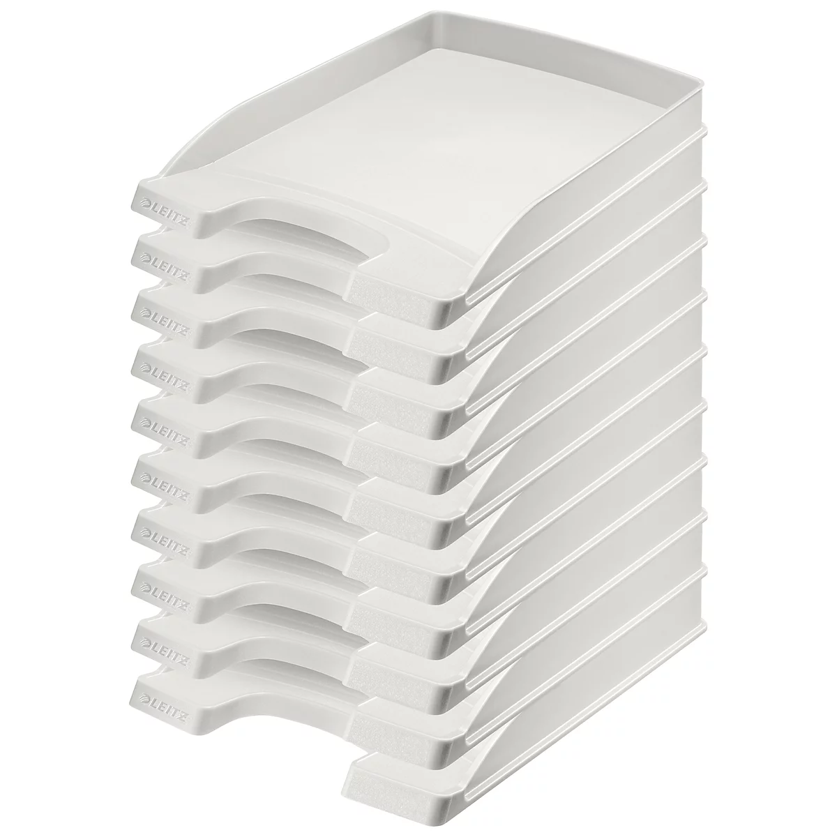 A stack of white, rectangular trays with slightly rounded corners and cutouts for access.