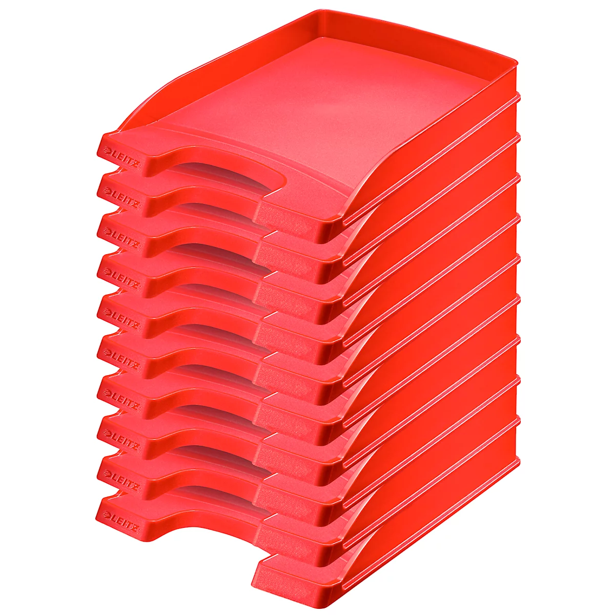 A stack of red paper trays. "LEITZ" is printed on each tray.