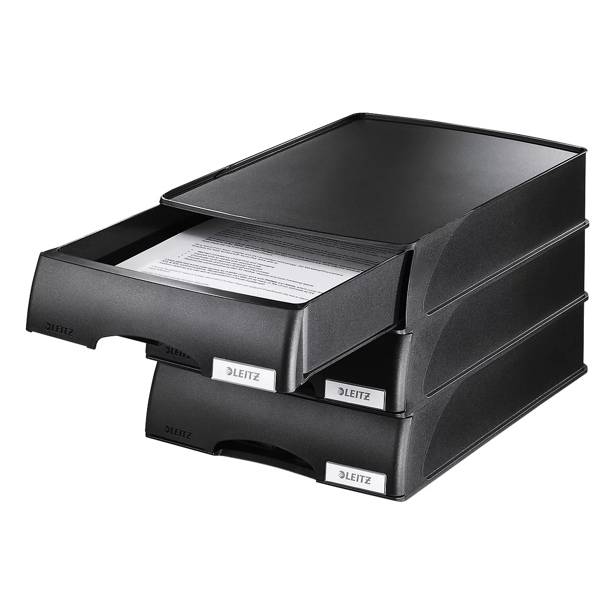 Black, stackable paper tray with three compartments. Two compartments are visible, the top one filled with paper, and labeled with LEITZ.