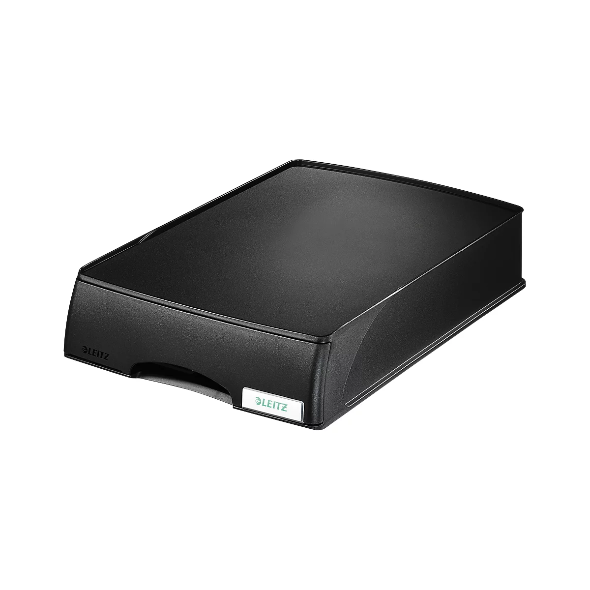 Black, rectangular office paper tray with rounded corners. Sticker "LEITZ".