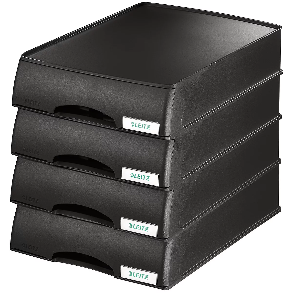 Four black Leitz paper trays stacked. Each tray has the white Leitz logo.