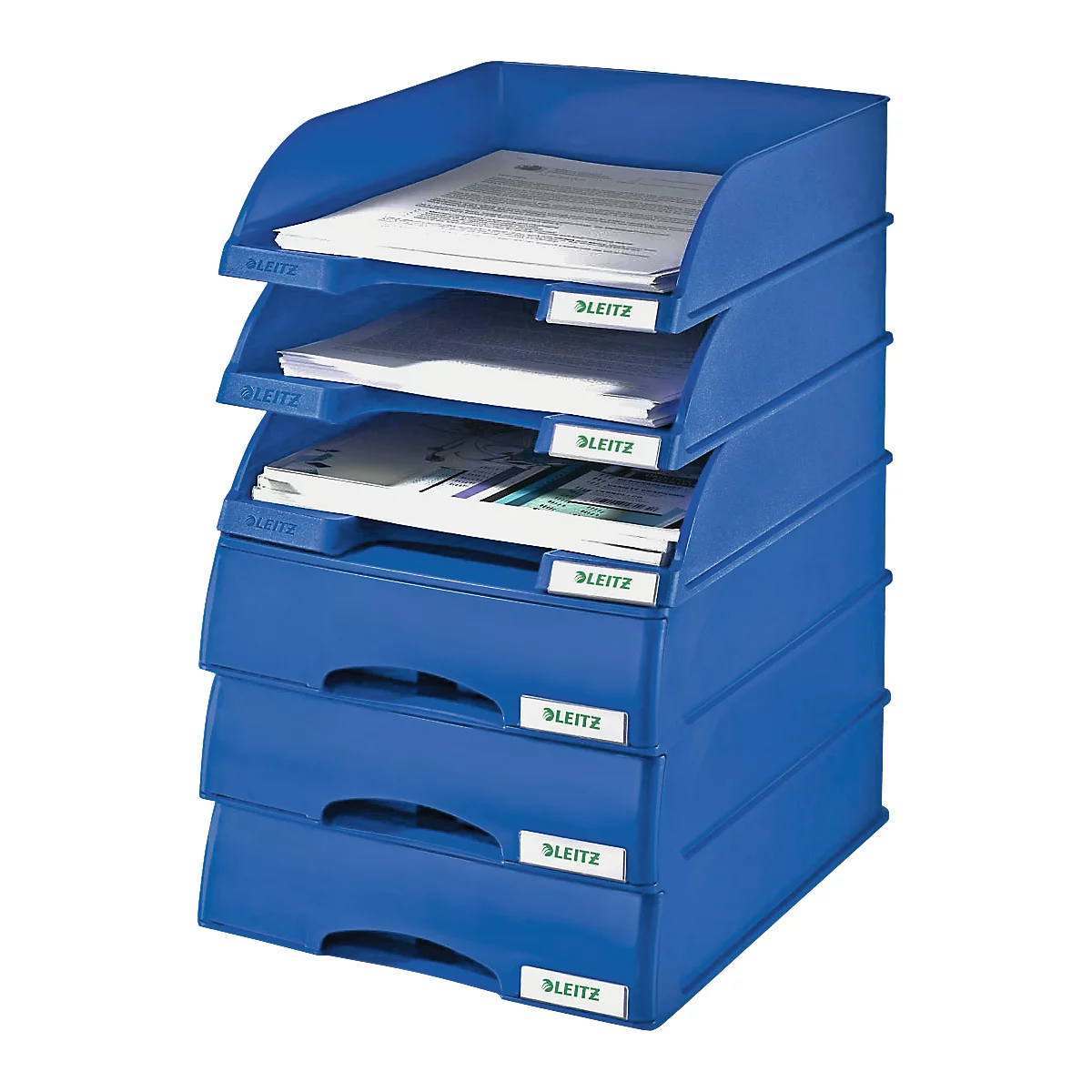 Blue LEITZ file tray, four compartments with papers. Each compartment has a LEITZ label.