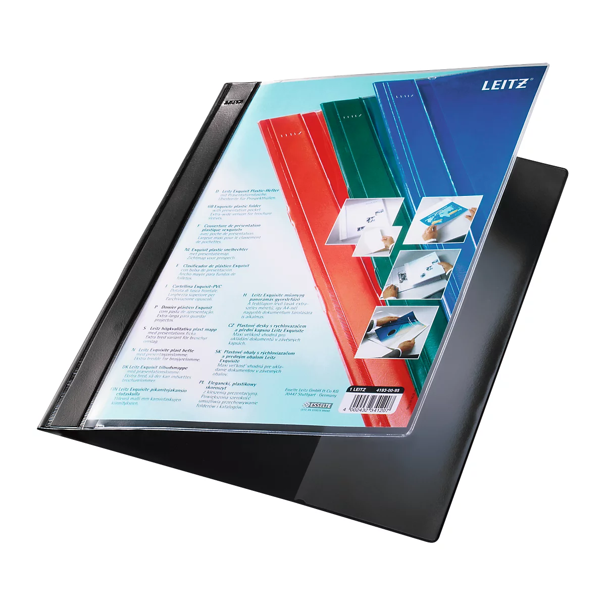 Black Leitz presentation folder, open, with red, green and blue sheets, text on the inside, the folder is partially open.