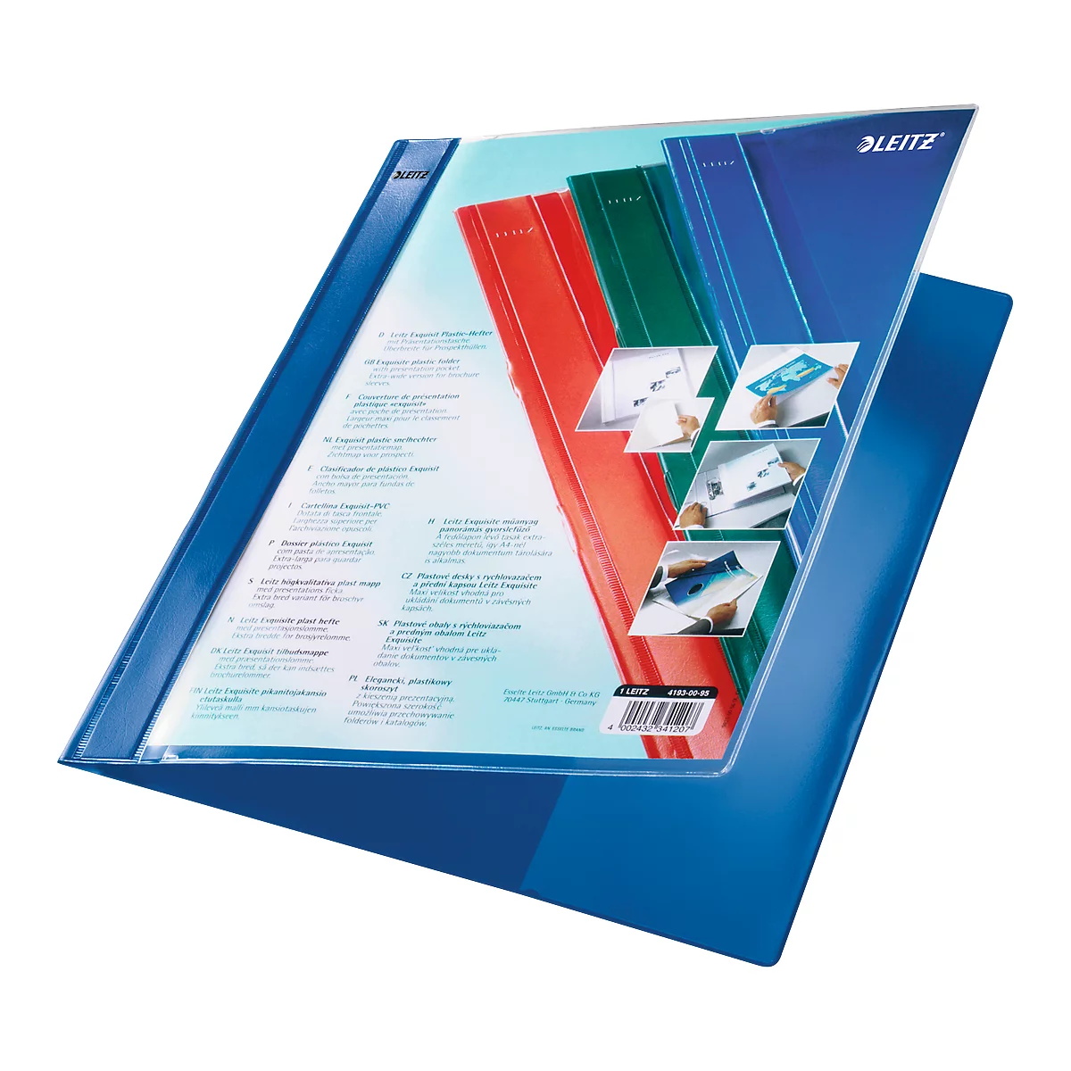 Leitz presentation folder with various colored inner pages, some transparent. The folder is blue, with other colors below.