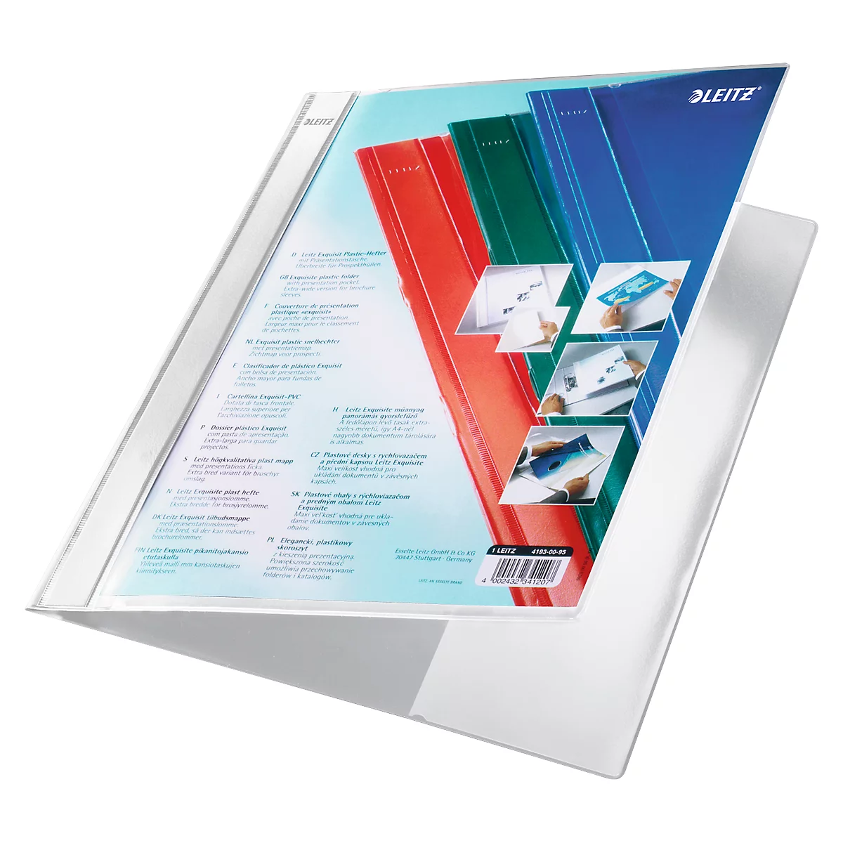 A transparent folder filled with red, green, and blue documents. The folder is slightly open, the Leitz logo visible.