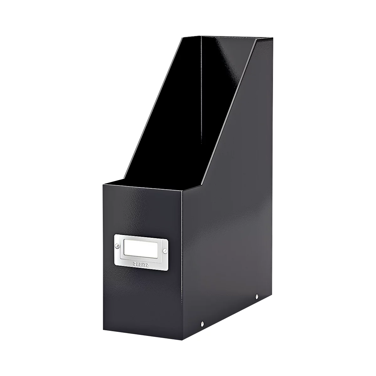 Black metal magazine rack. With nameplate and open slope.