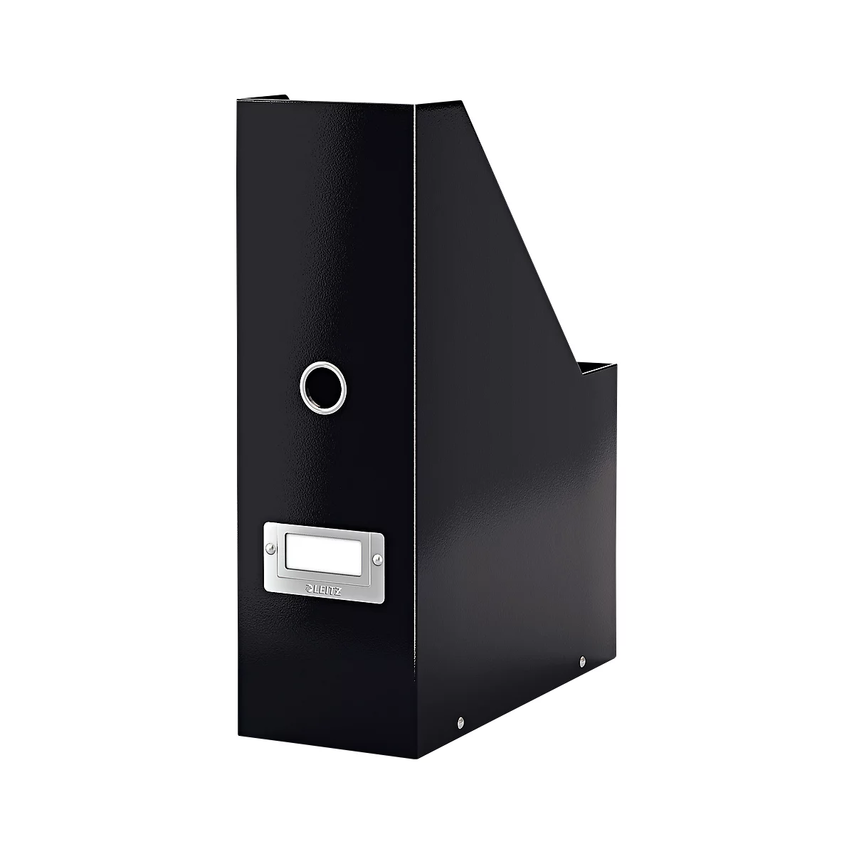 Black magazine rack, metallic sheen, with label and silver details. The brand is visible.