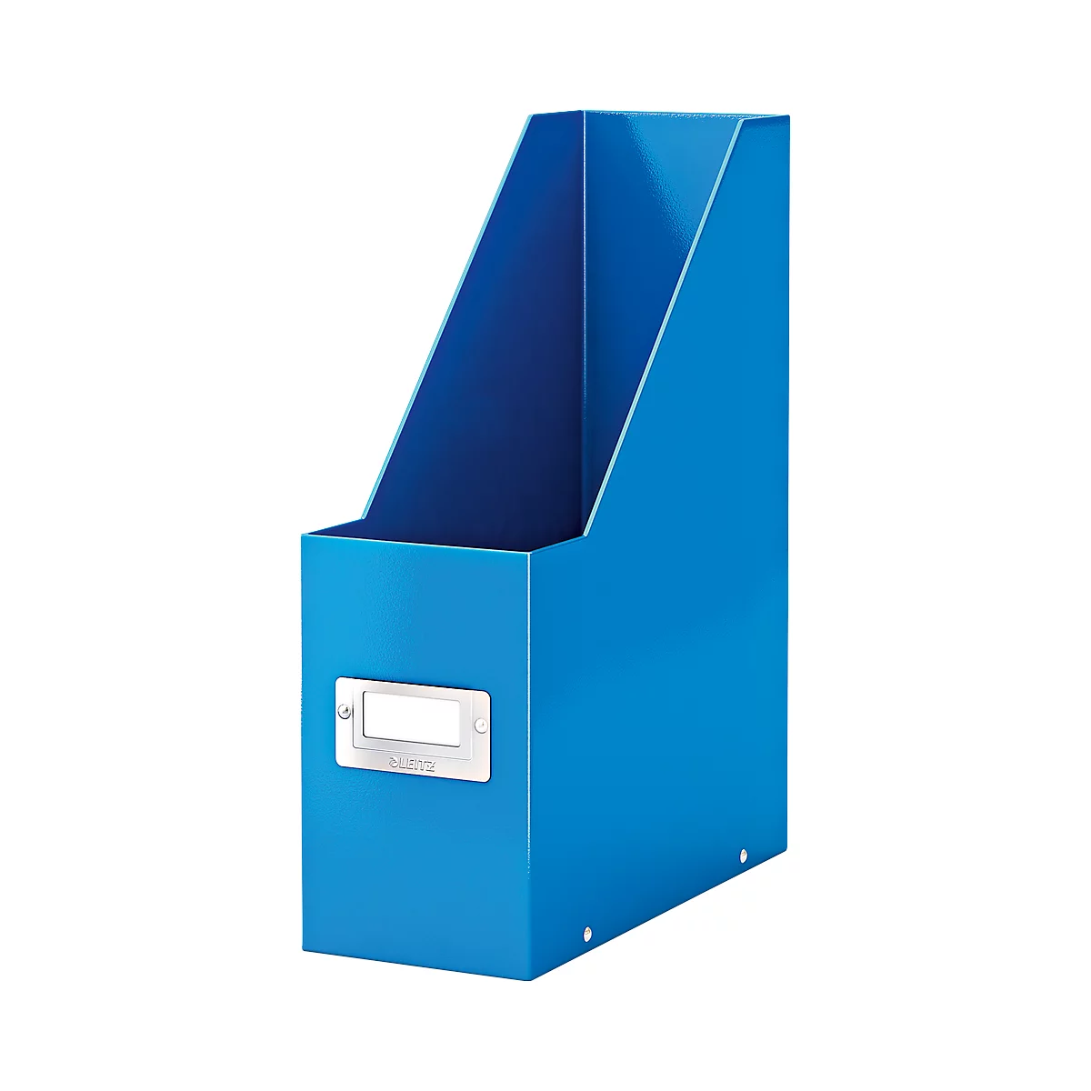 Blue magazine rack with label, on a white background.