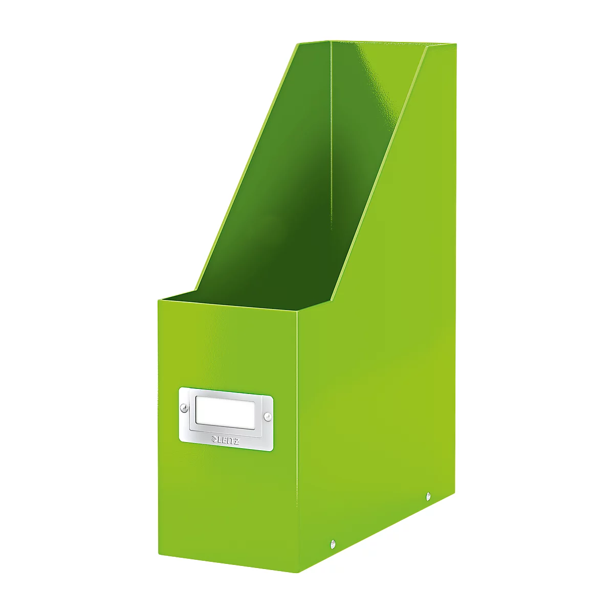 Green magazine holder with rectangular recess and metal plate.