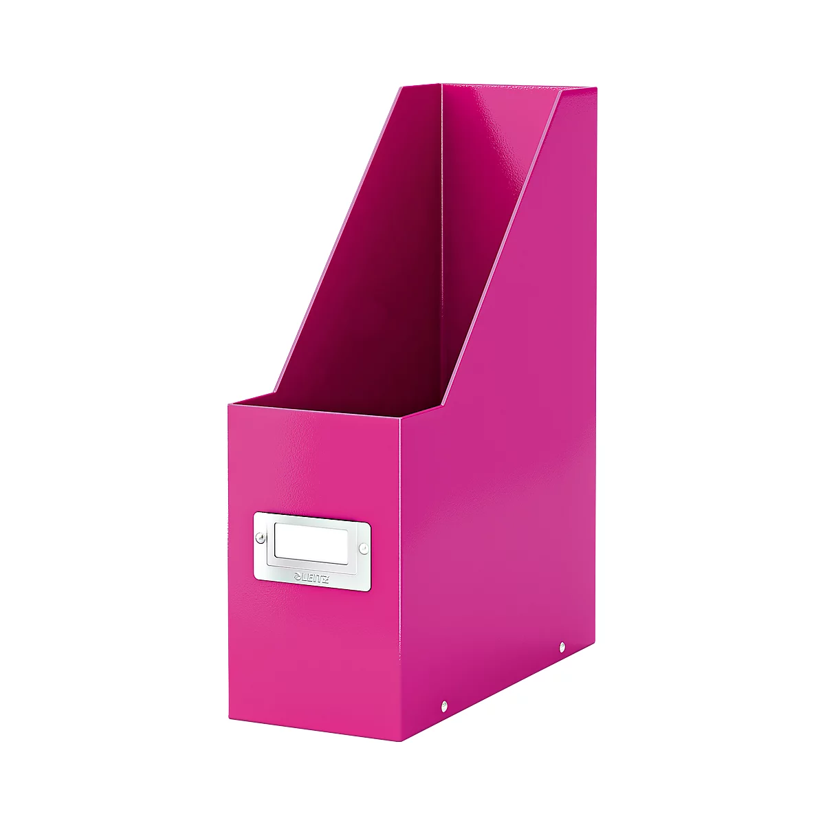Magenta magazine holder with a nameplate.