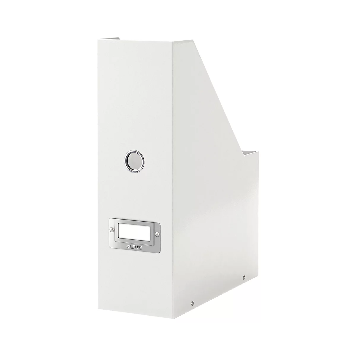 White magazine rack with metal applications.