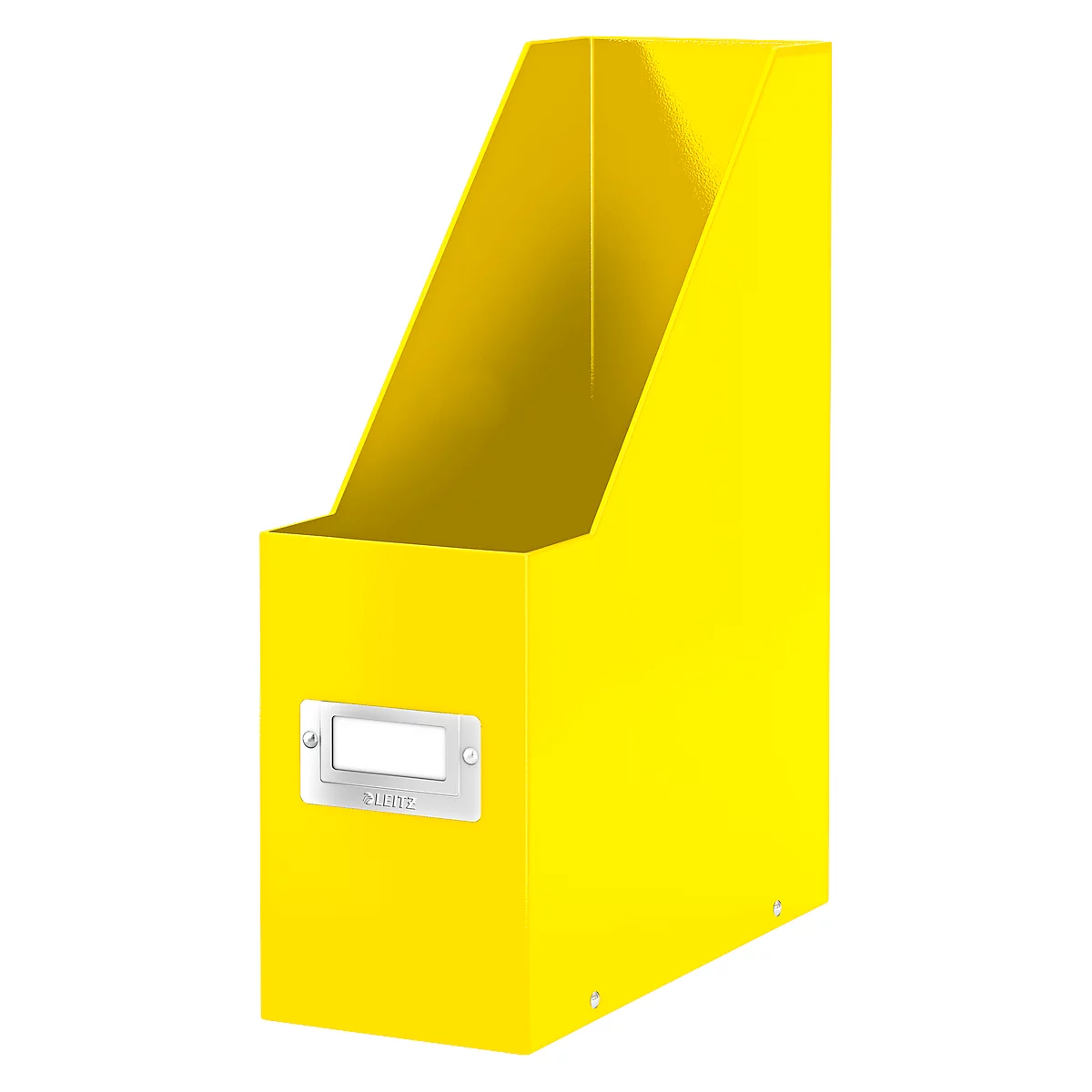 Yellow plastic file holder with blank label. Light yellow interior, silver nameplate, angled viewpoint.