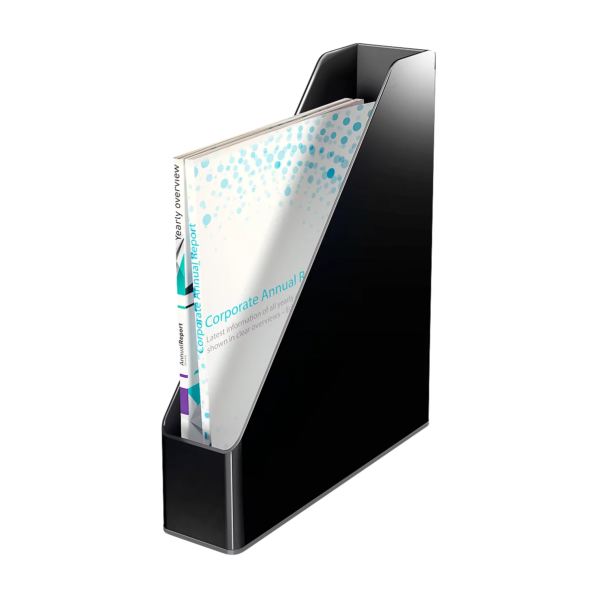 Black magazine rack with two magazines with titles. Corporate Annual Report.