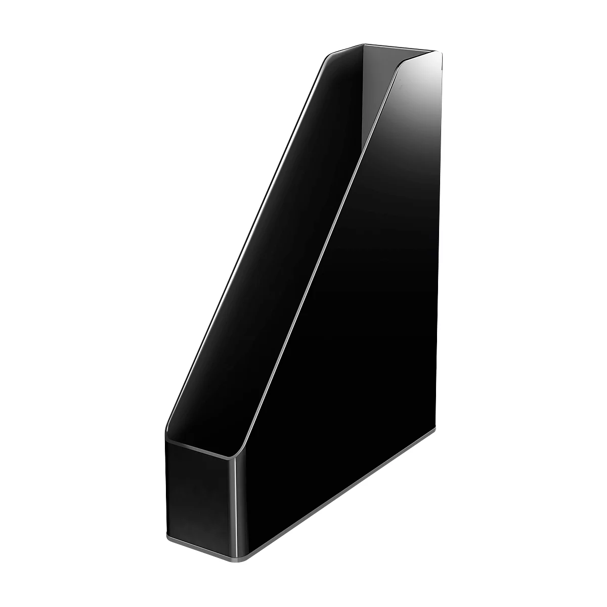 Black magazine holder, placed at an angle, minimalist design.
