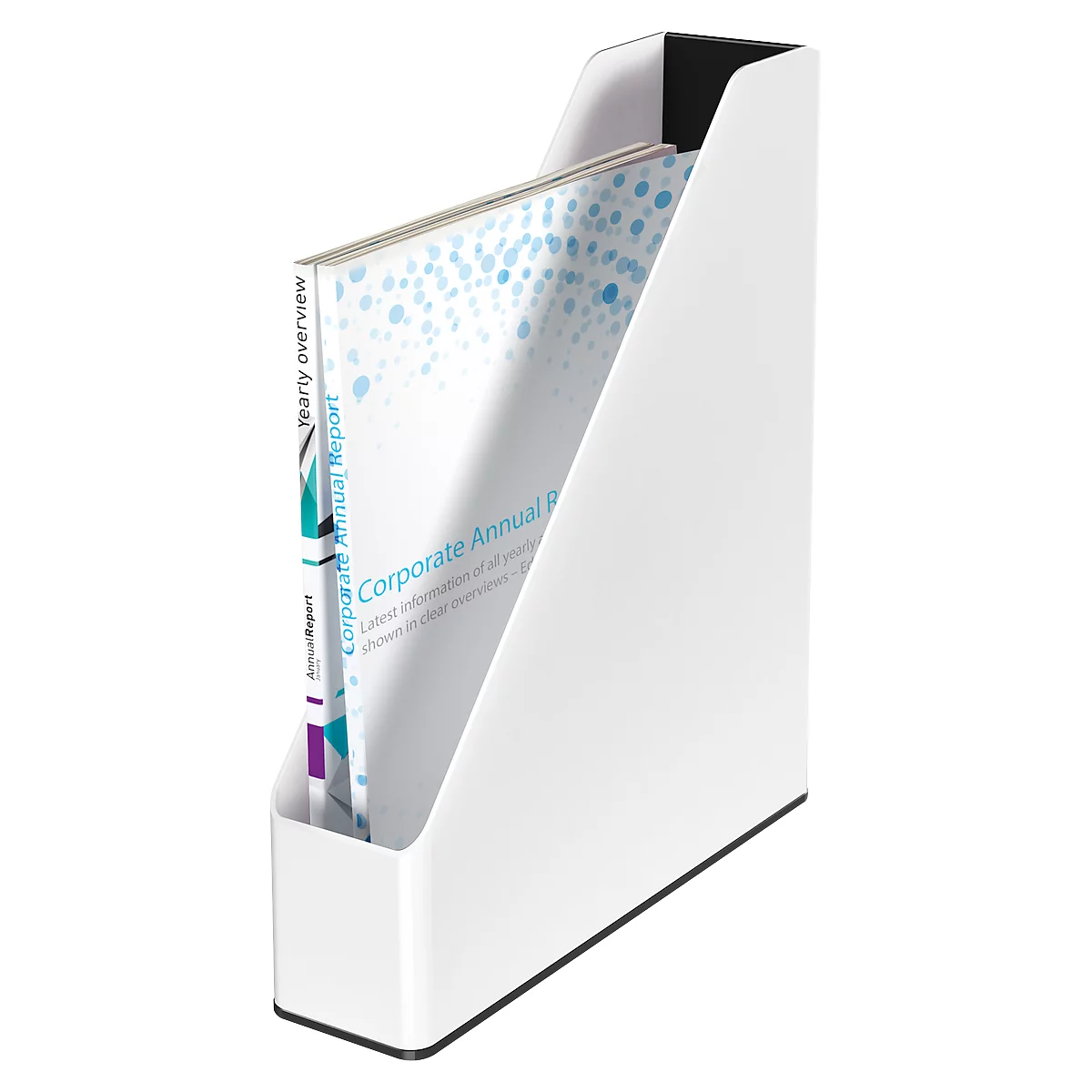 White magazine rack with two folders. One says 'Corporate Annual Report'.