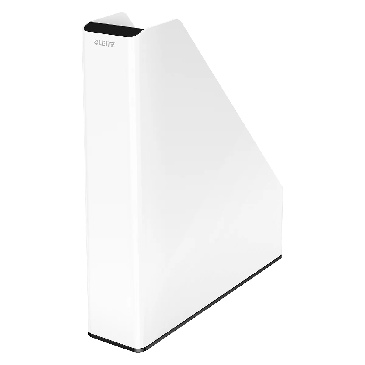 White Leitz magazine holder, black accents, logo on top edge. Angled opening, rectangular base.