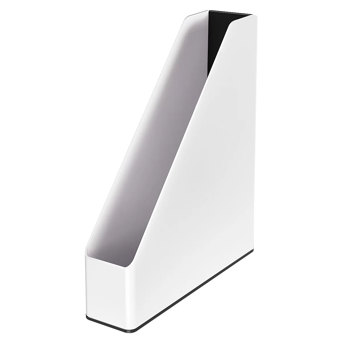 White, slanted magazine or file holder with black interior and base. Perspective view.