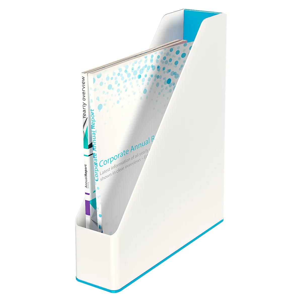 White magazine rack with blue accent, holding a book titled Corporate Annual Report.