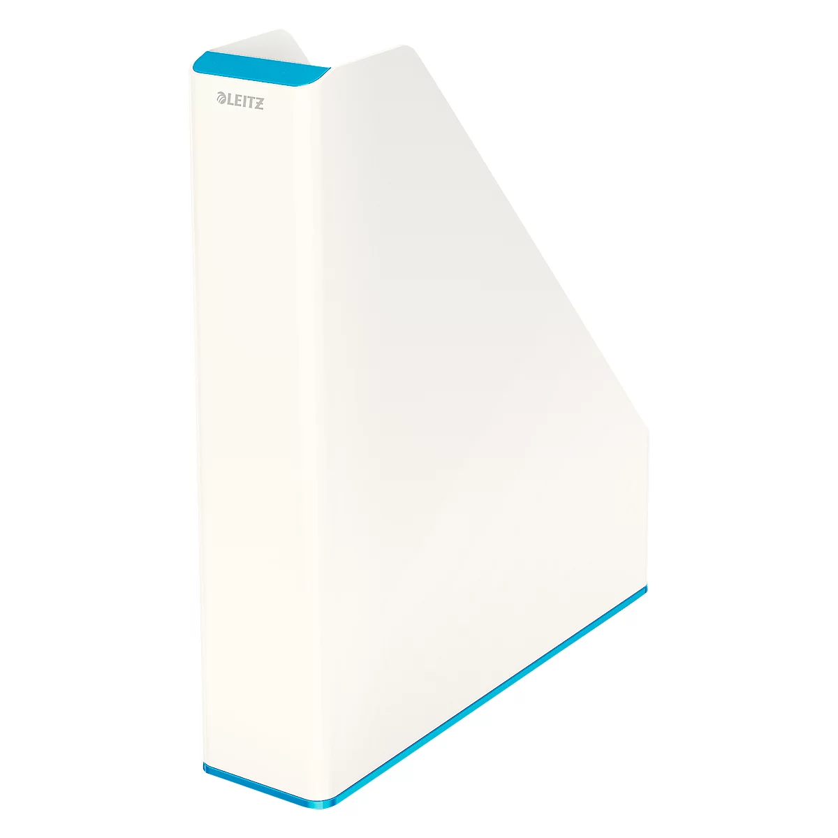 White Leitz magazine rack with a blue border. The name "Leitz" is written on the left side.