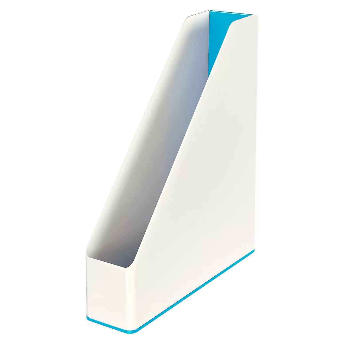 White, slightly inclined magazine rack with blue accents.