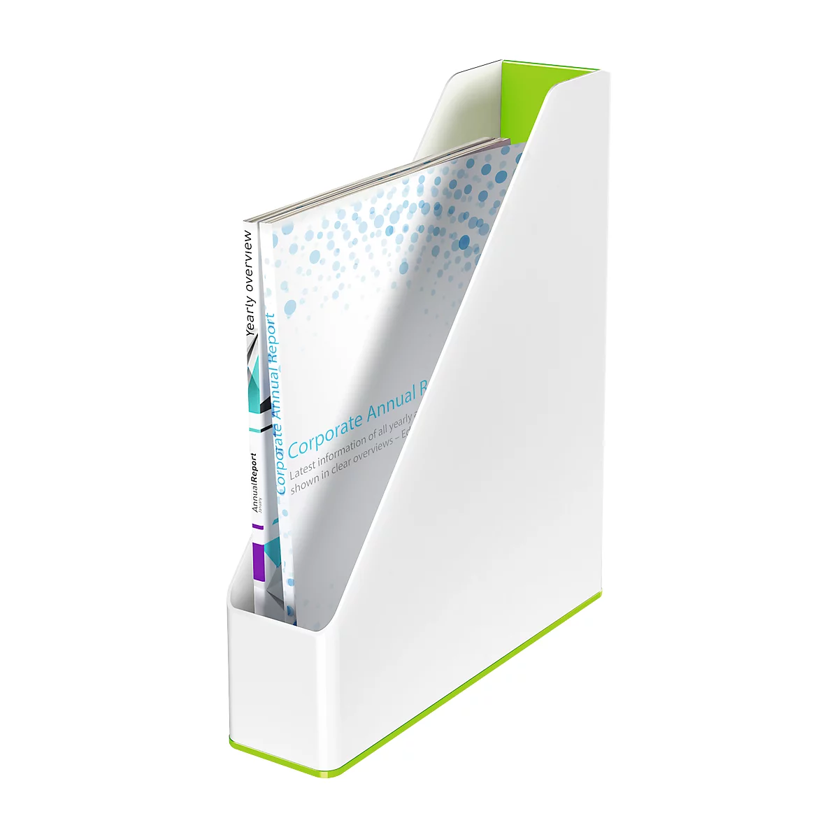 White magazine rack with green accent, filled with a folder with a blue cover.