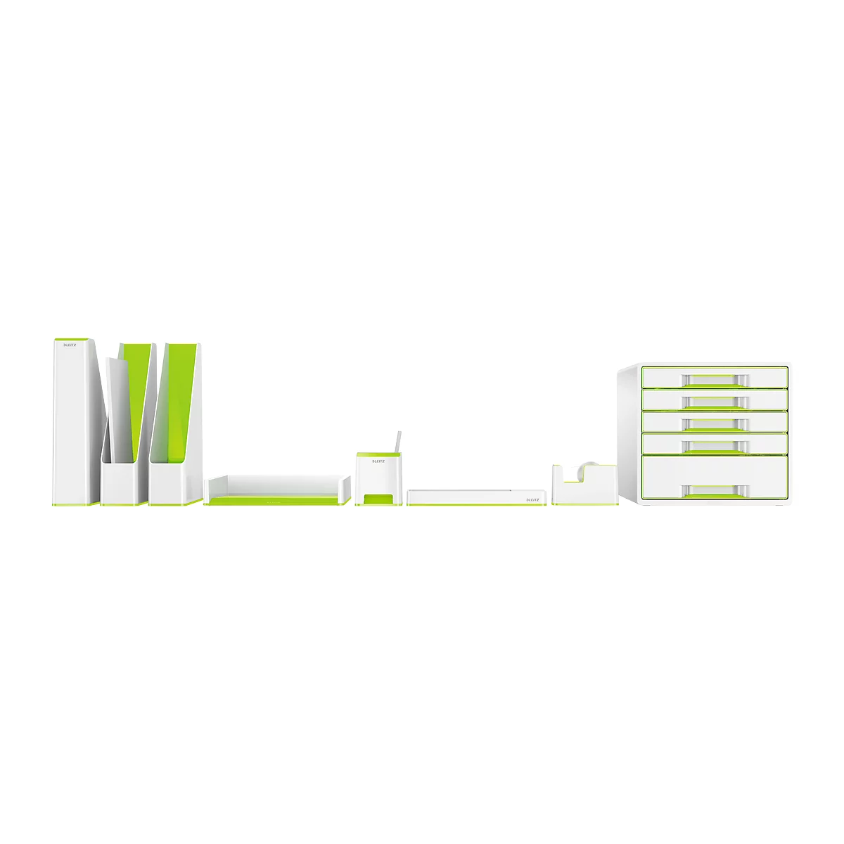 Office accessories in white and green, including pen holders, trays and a drawer cabinet.