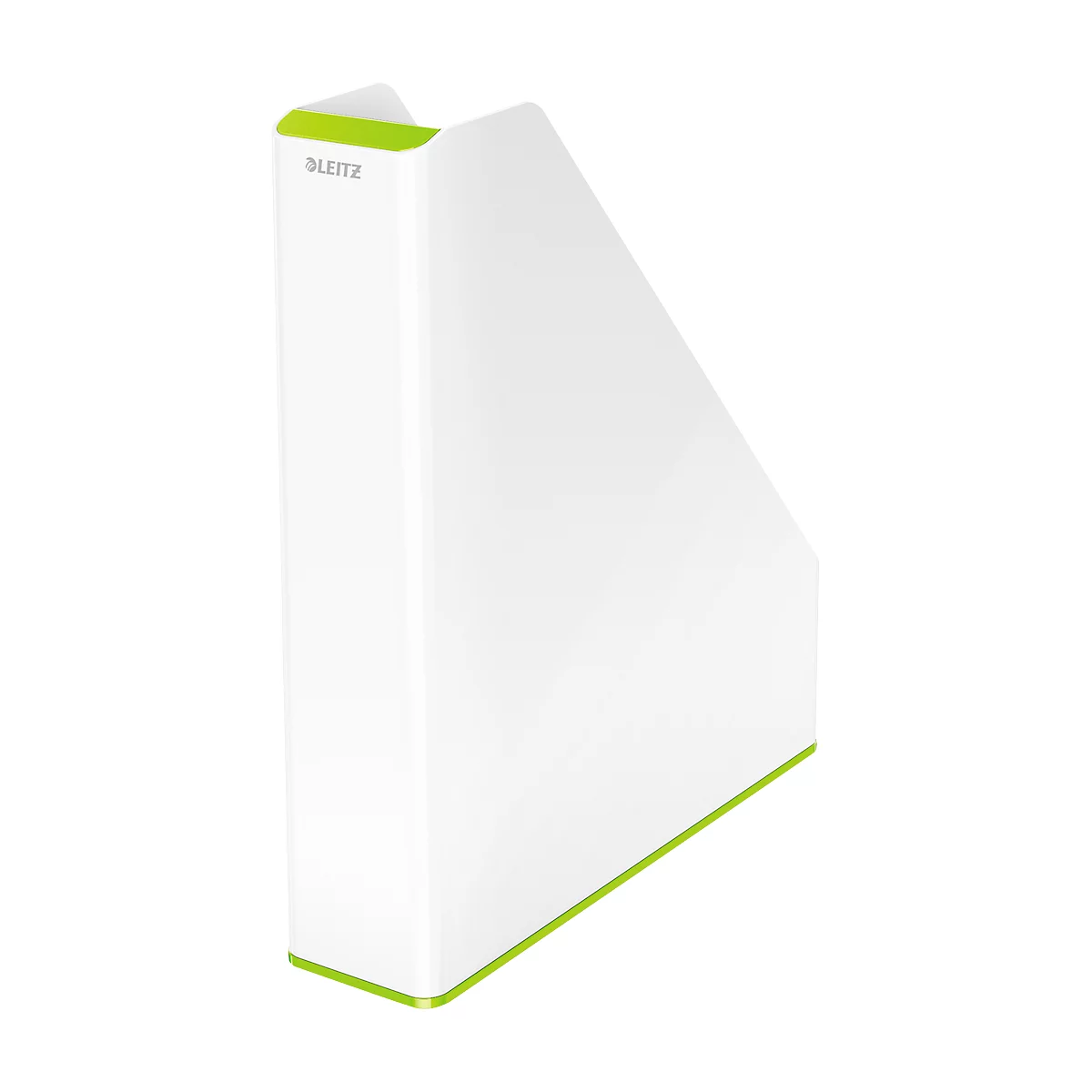 White Leitz magazine holder with green accents, standing at an angle.