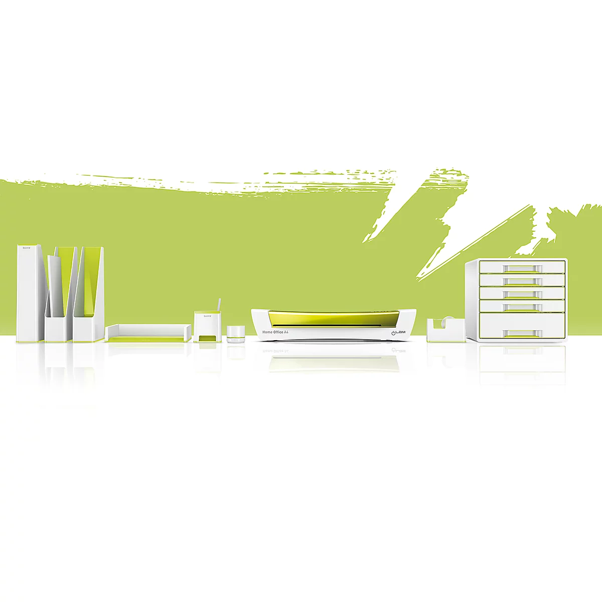 Various white office supplies with green accents against a light green background with a brushstroke effect.