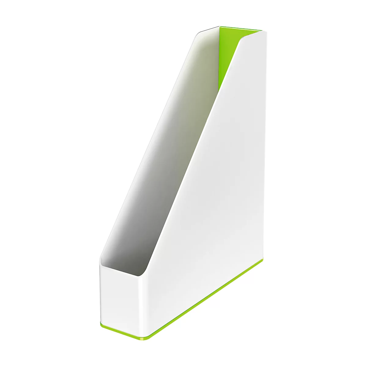 White slanted magazine holder with neon green accents.