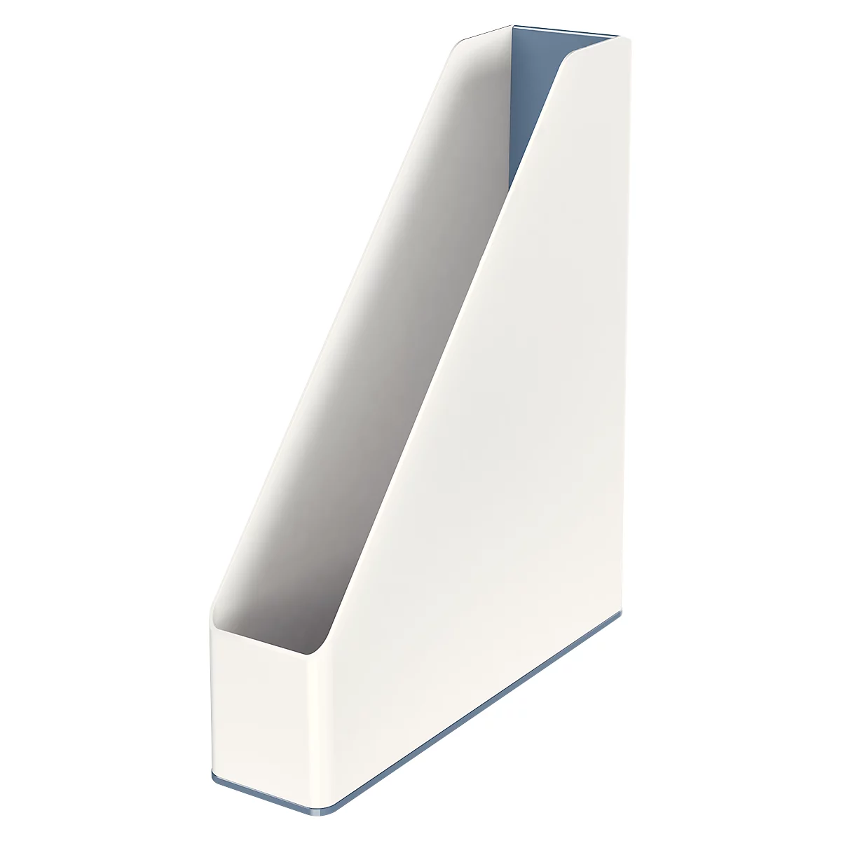 White magazine holder with blue inside. It stands slightly tilted on a white surface.