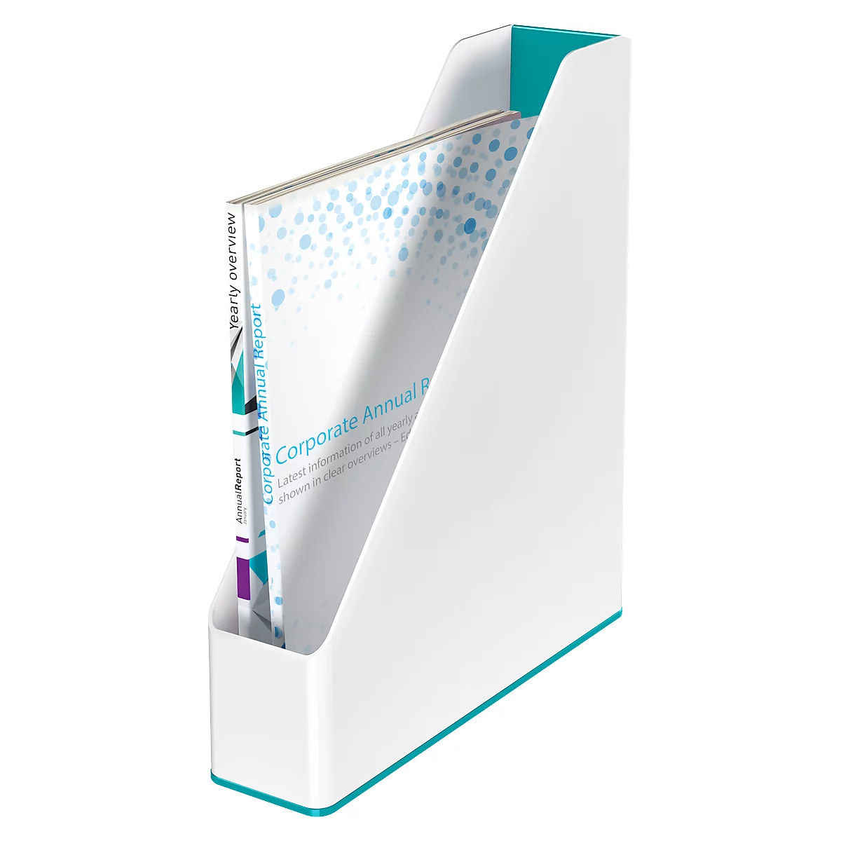 White magazine rack, with teal accents, contains a stack of annual reports.