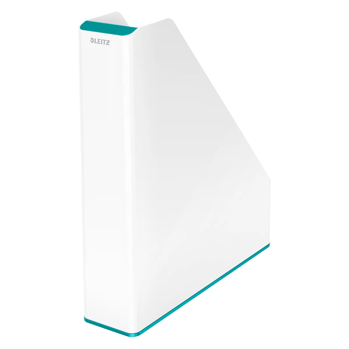 White magazine rack with turquoise accents and the lettering "LEITZ".