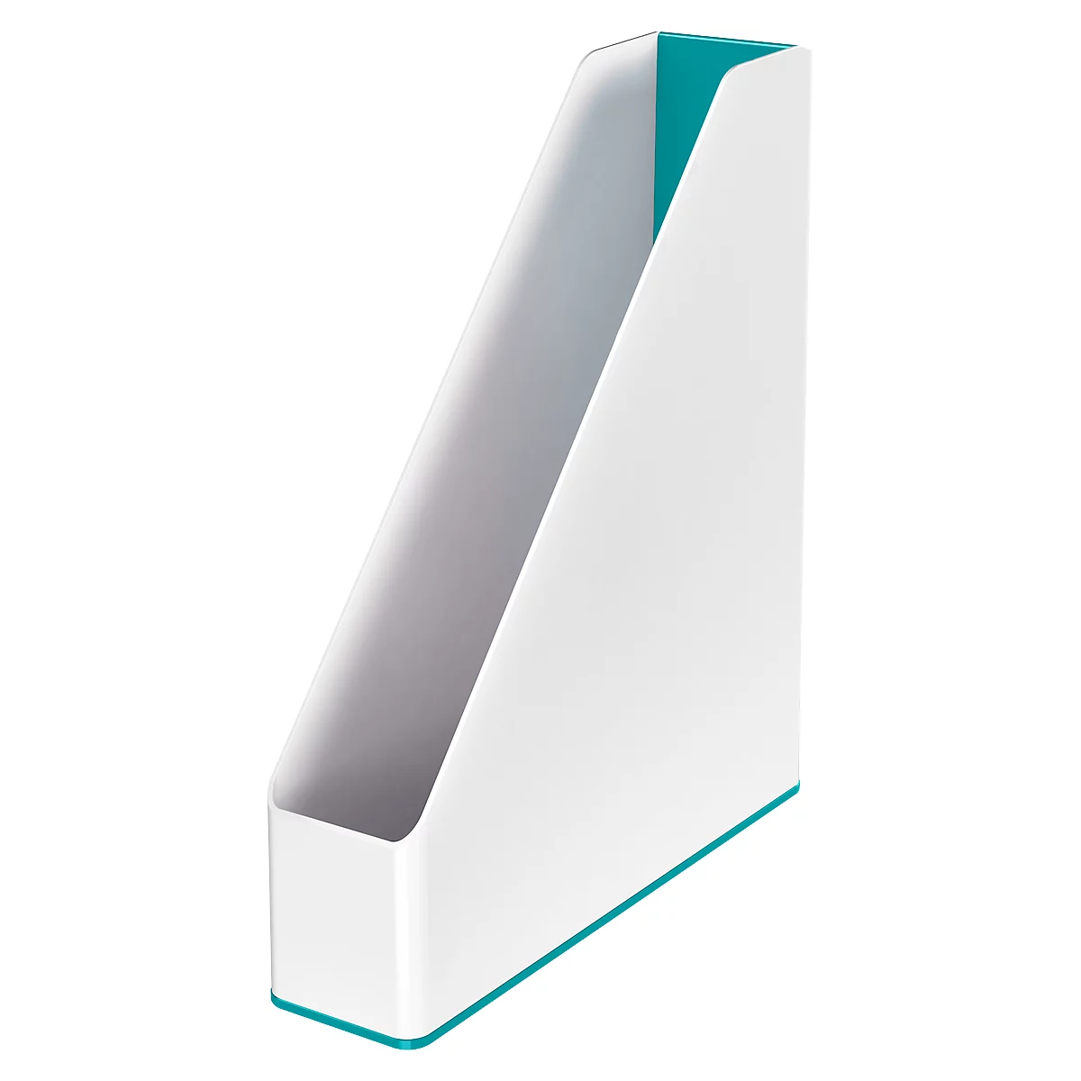 White magazine rack with turquoise edges.