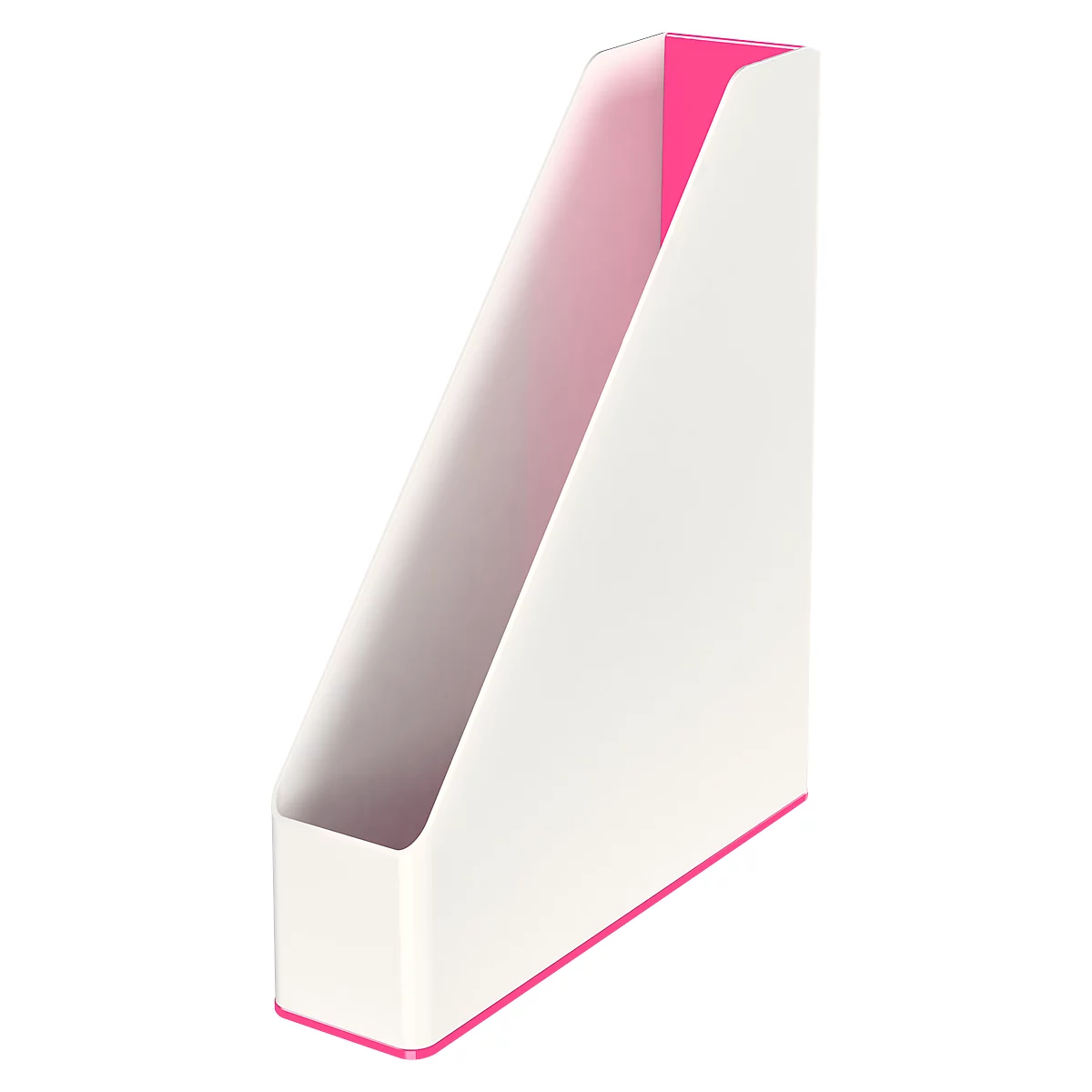 White slanted magazine rack with pink accents. Pink inside, pink edges.