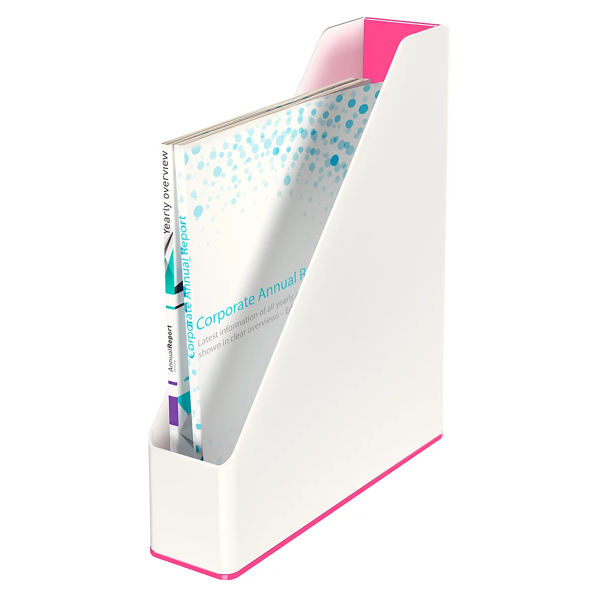 White magazine rack with pink accents. A book with the words 'Corporate Annual Report' is inside.