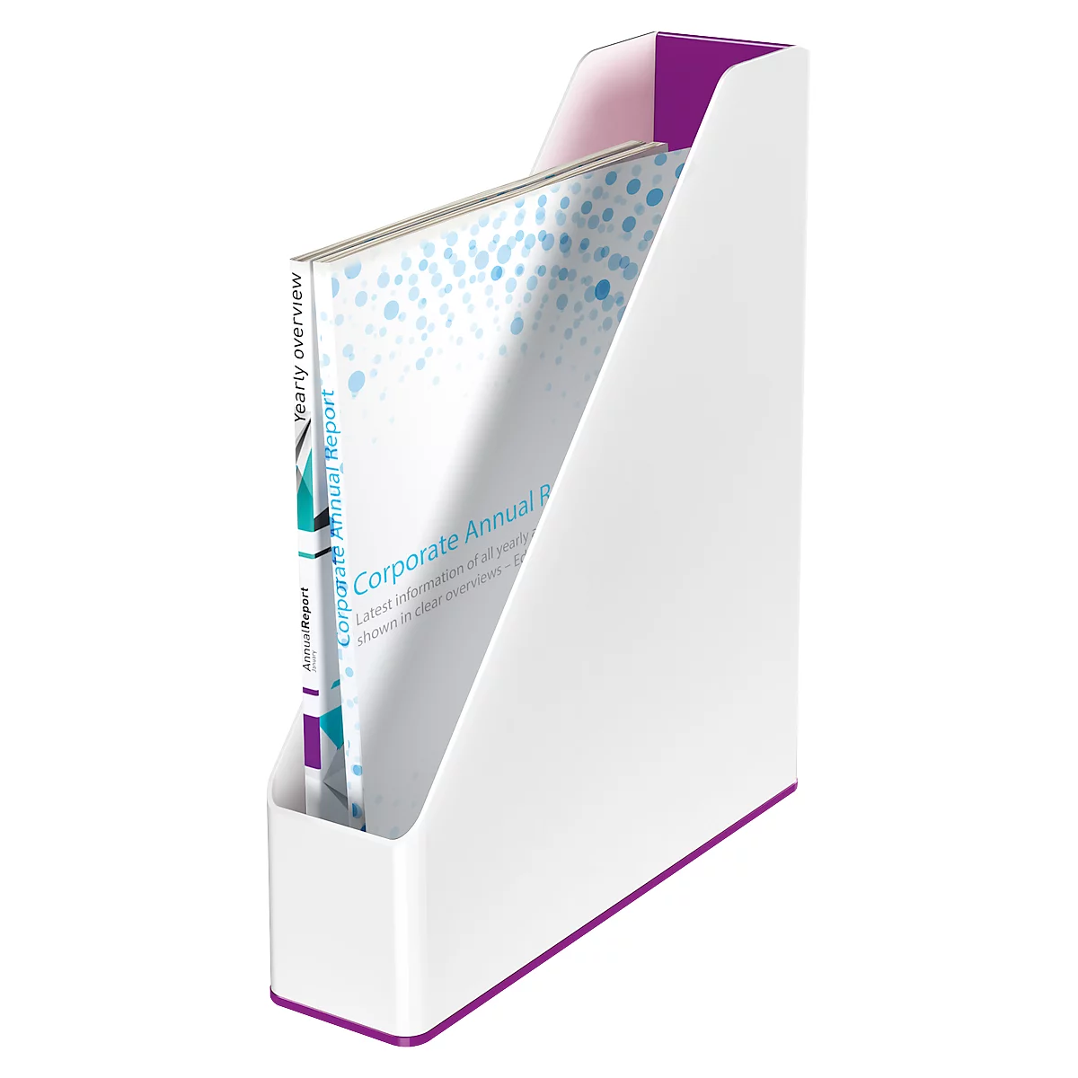 White magazine holder with purple accents. It contains a book titled Corporate Annual Report.