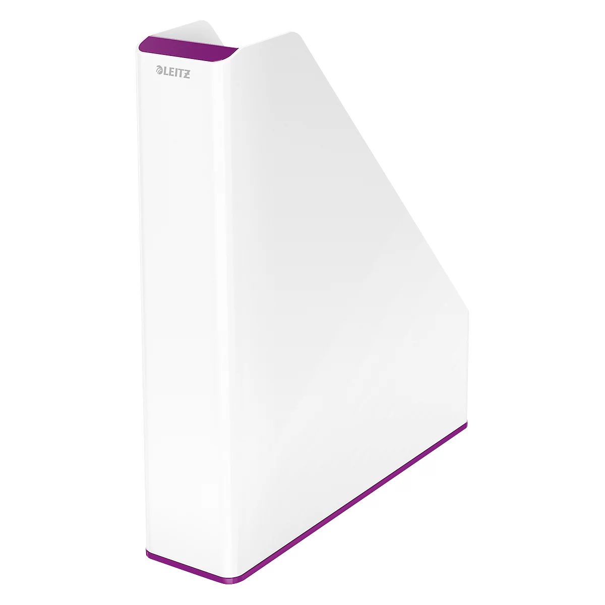 White angled magazine holder with purple accents. The word "LEITZ" is visible on the top.