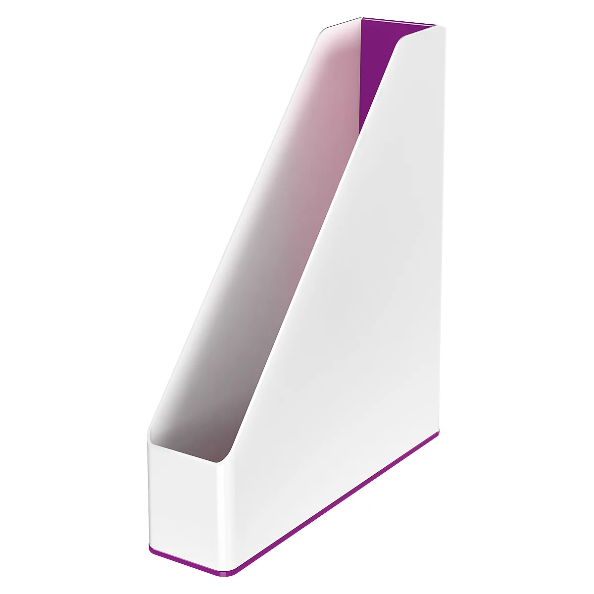 White magazine rack with purple accents, viewed diagonally from the front.