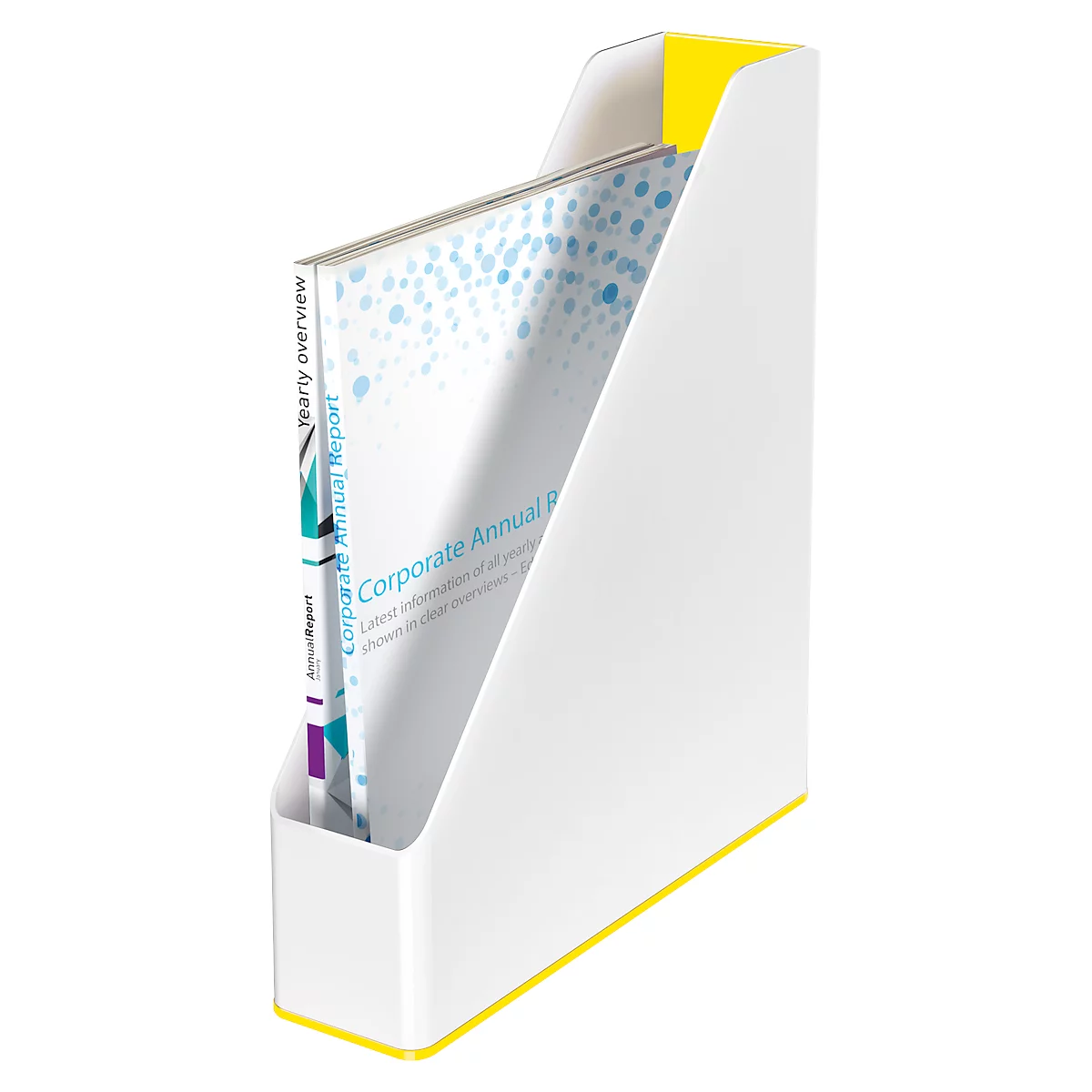 White magazine rack with yellow accents, filled with an annual report. Titles are Corporate Annual Report and Yearly Overview.