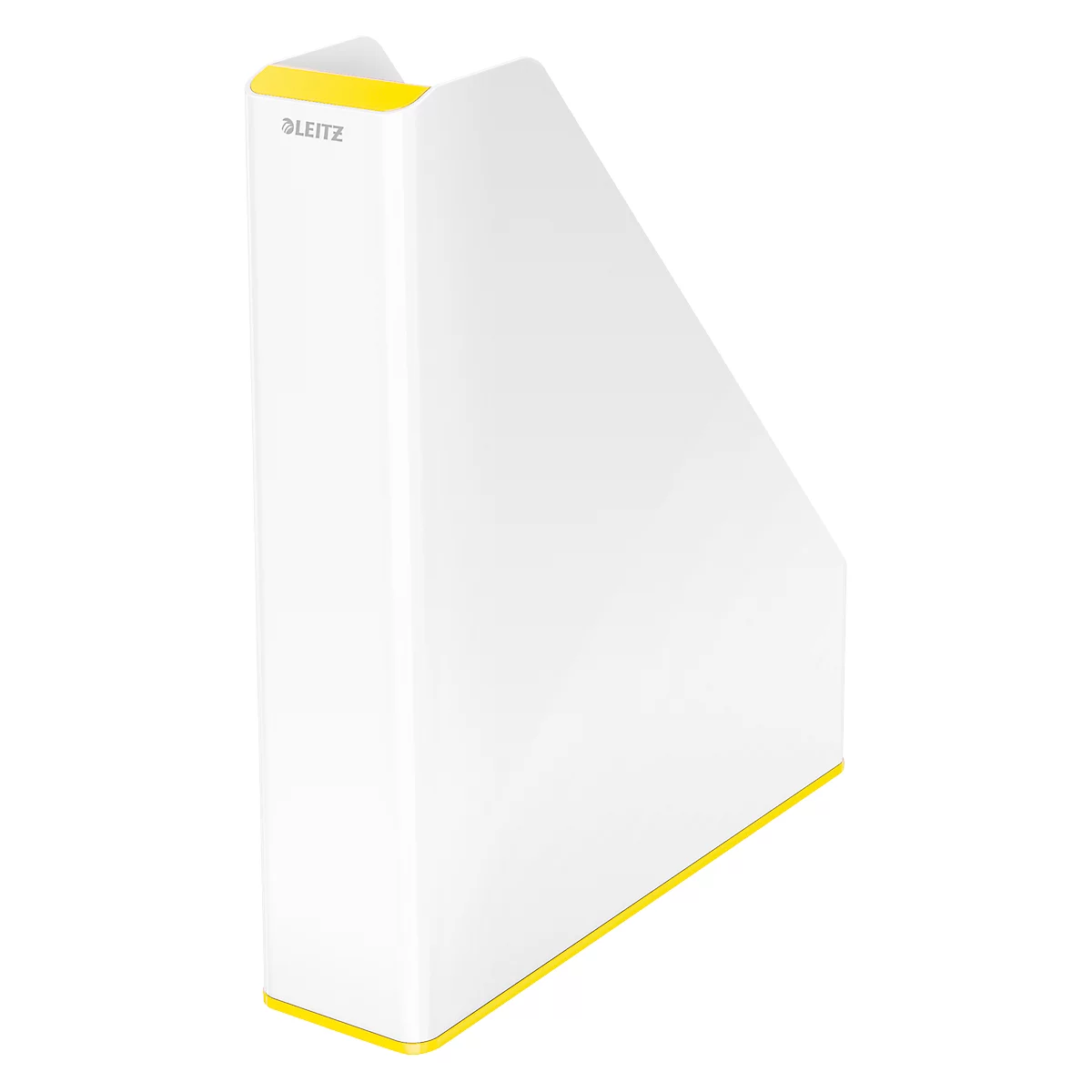 White Leitz magazine rack with yellow accents. The Leitz logo is visible on the side.