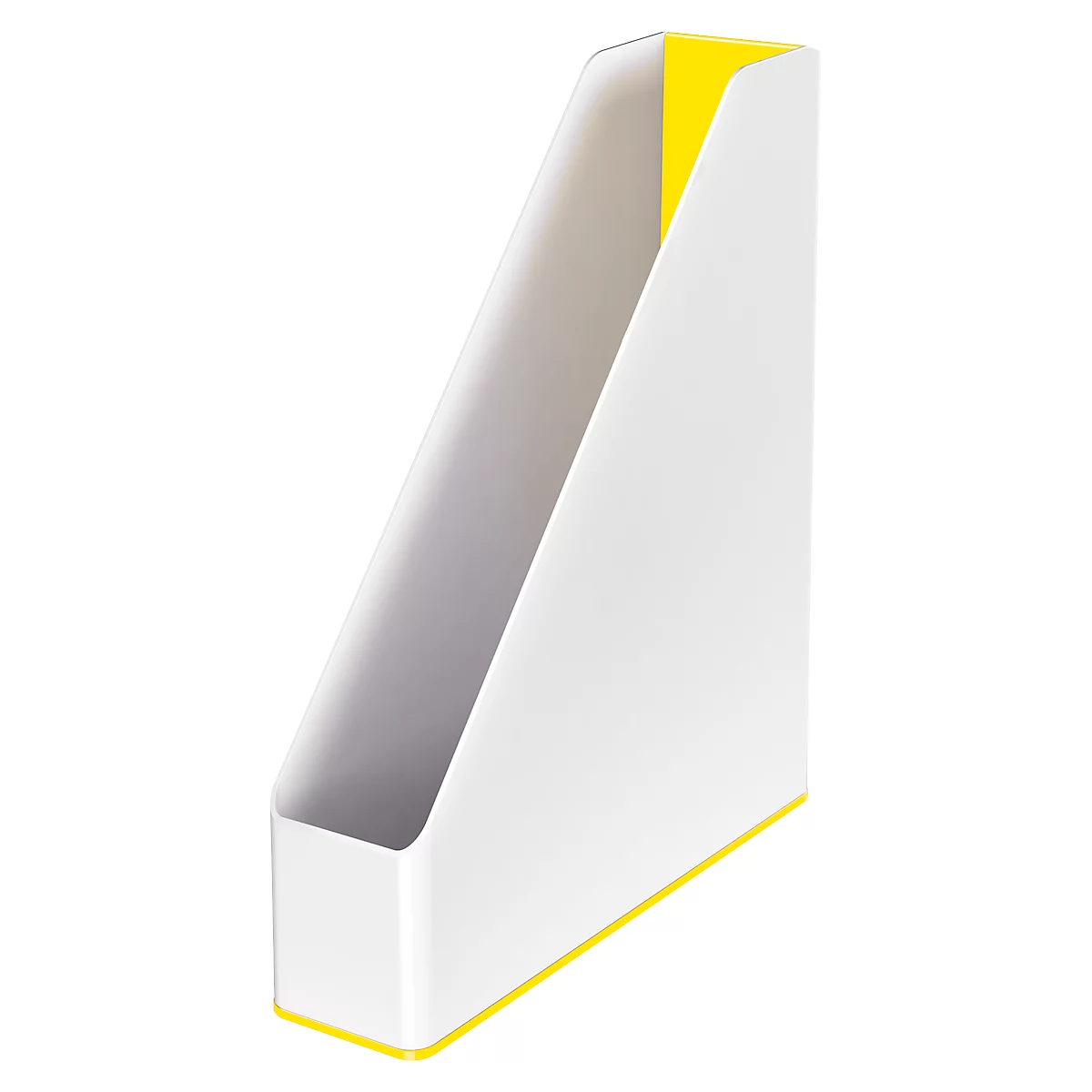 White, slanted paper tray with yellow accents. Yellow inside. Angular, minimalistic.