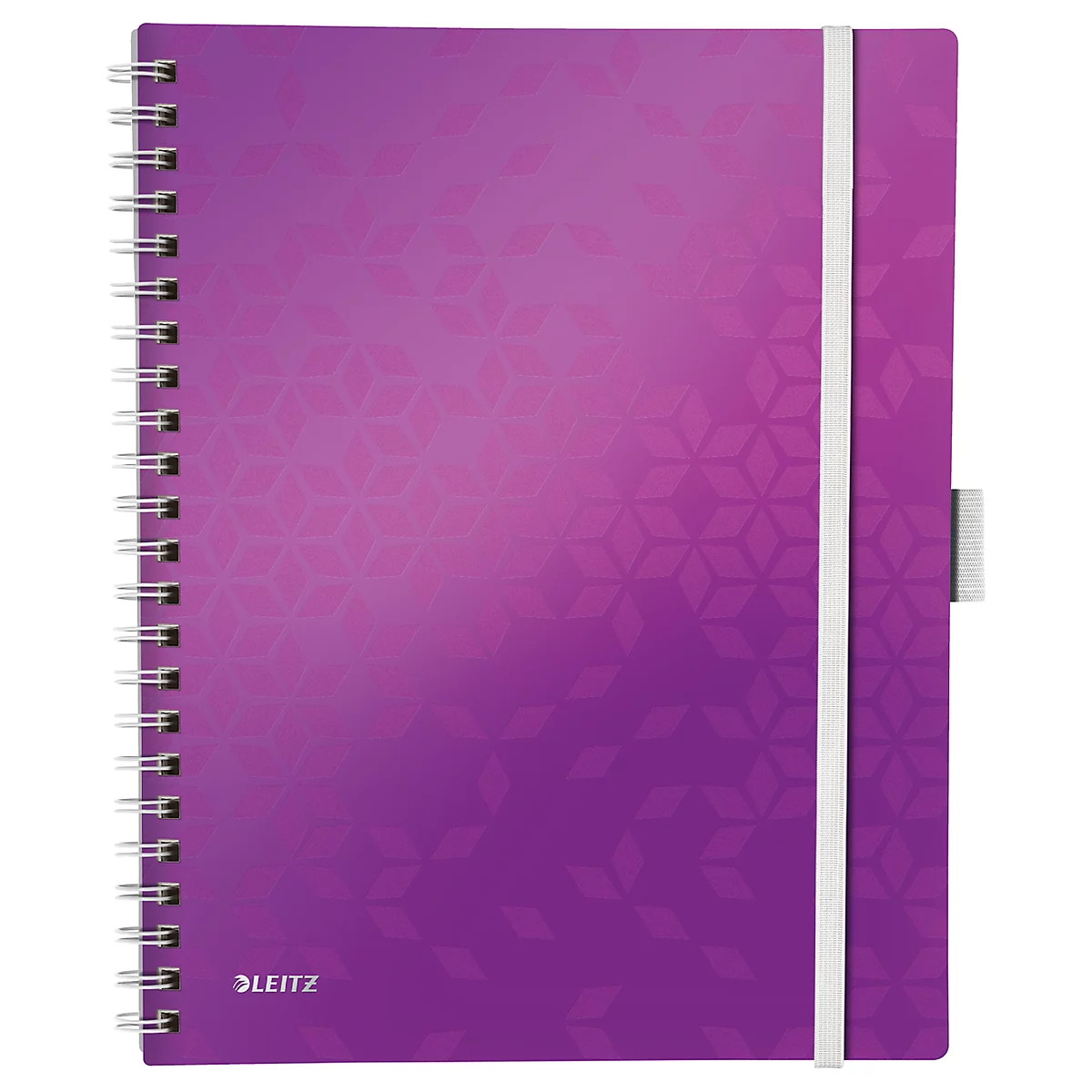 Purple notebook with spiral binding, elastic band and Leitz logo.