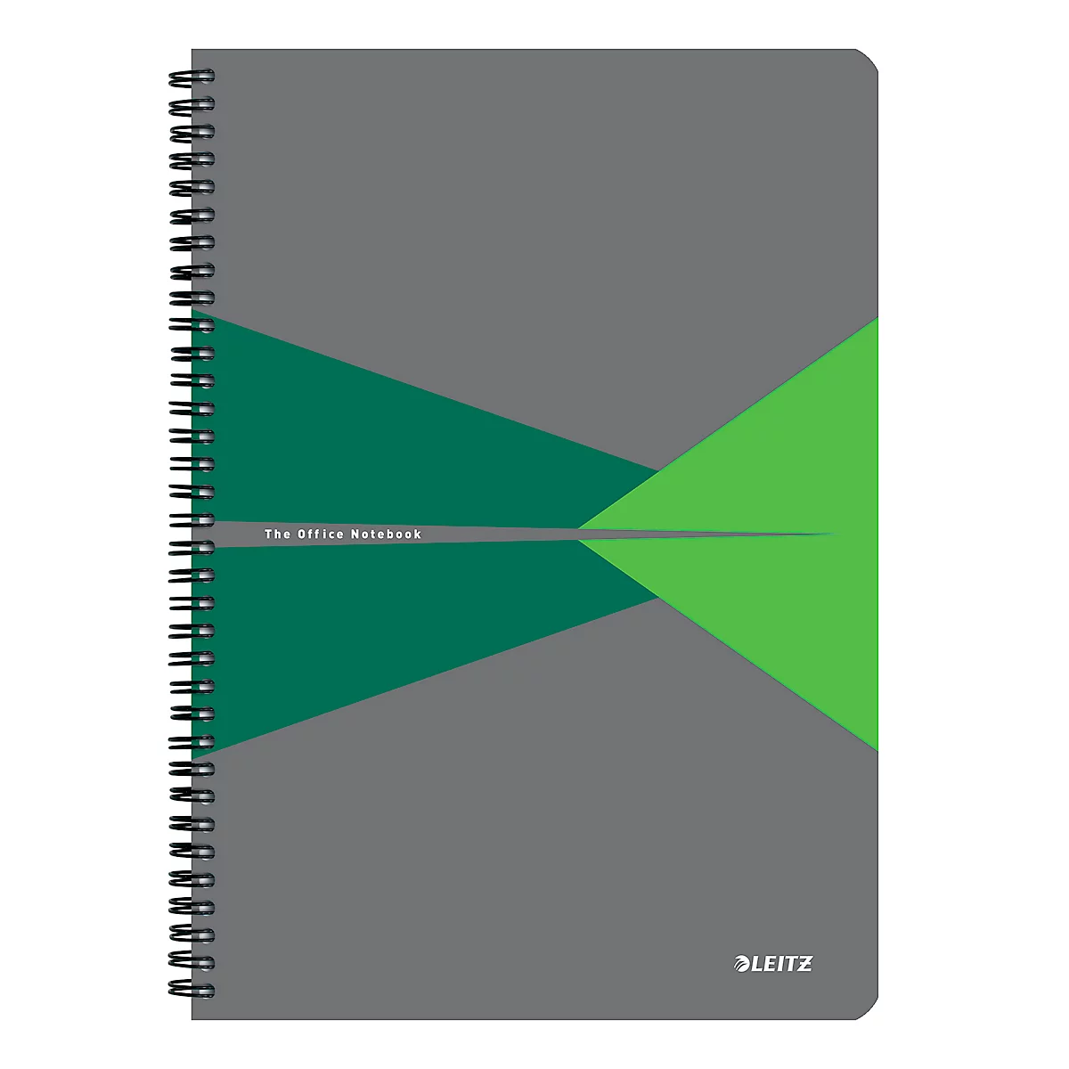 Grijs notitieboek met spiraal, groen design en de tekst 'The Office Notebook'.