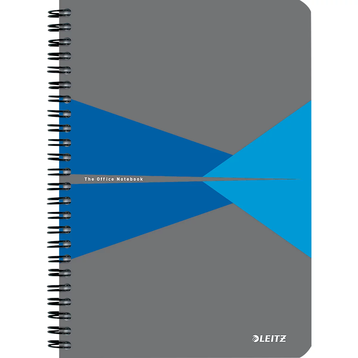 Grijs notitieboek met blauw design en spiraalbinding. Titel: The Office Notebook. Logo: Leitz.