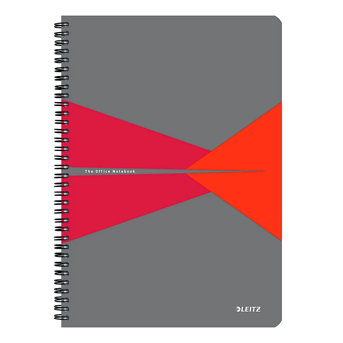 Grijs notitieboek met spiraal en design van rood- en oranjetinten. Opschrift "The Office Notebook".
