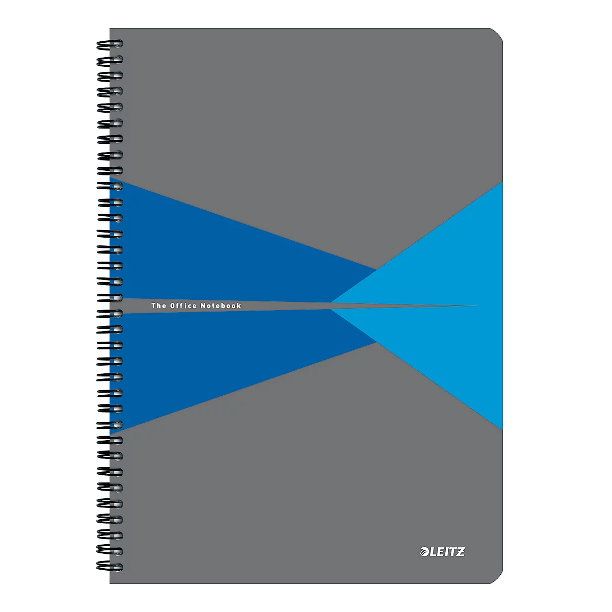 Grijs notitieboek met blauwe driehoeken en spiraalbinding. Tekst: The Office Notebook en Leitz logo.