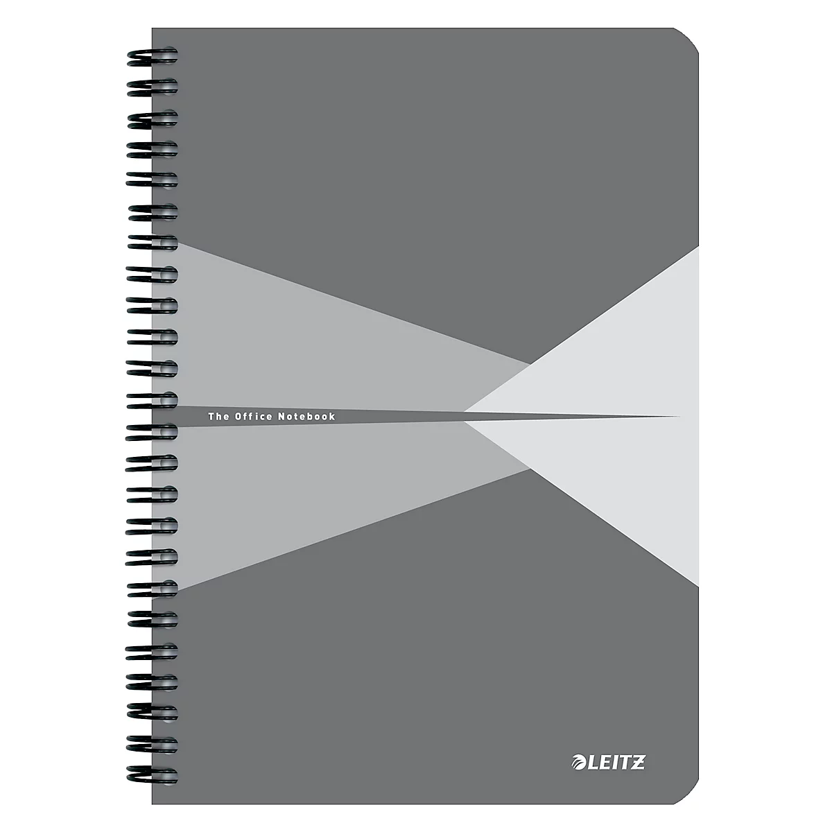 Grijs spiraalgebonden notitieboek met abstract ontwerp en de tekst 'The Office Notebook'. LEITZ-logo rechtsonder.
